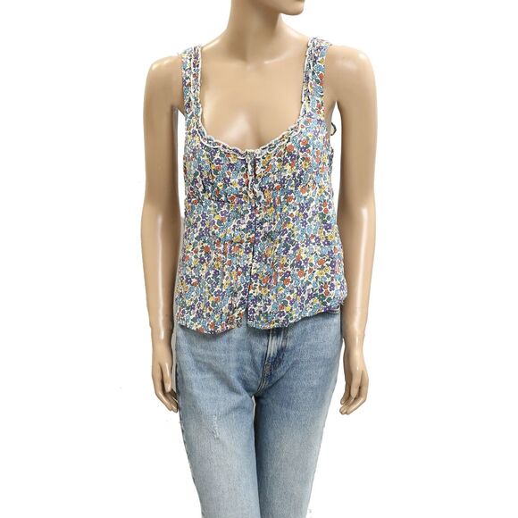 Free People Ellia Printed Blouse Top Tank Floral Smocked Sleeveless L New 281907 - Picture 3 of 6